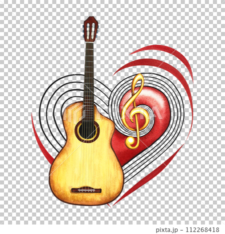 A six-string guitar on the background of a red musical heart with a treble clef. The watercolor illustration is hand-drawn. For logos, badges, stickers and prints. For postcards, business card, flyer A six-string guitar on the background of a red musical heart with a treble clef. The watercolor illustration is hand-drawn. For logos, badges, stickers and prints. For postcards, business card, flyer 112268418