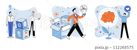 Out of the box idea vector illustration. Progress in education is marked by footprint out-of-the-box thinking The out-of-the-box idea metaphor shapes skyline success Strategic research is foundation 112268575
