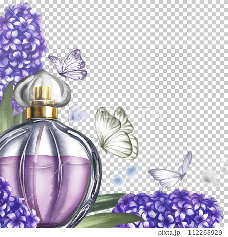 A frame with a perfume bottle made of transparent glass with hyacinth flowers. Vintage purple perfume. A hand-drawn watercolor illustration. For packaging, postcards and labels. For banners, flyers. 112268929
