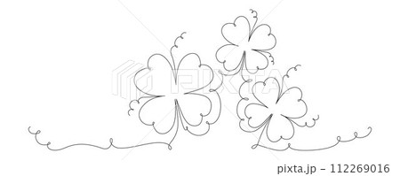 Clover flower banner for Saint Patrick day - good lucky symbol, single line. Vector stock minimalism illustration isolated on white background for design template invitation. Editable stroke. EPS10 112269016