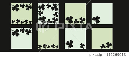 Clover flower frame for Saint Patrick day - good lucky symbol, single line. Vector stock minimalism illustration isolated on black background for design template social media. Editable stroke. EPS10 112269018