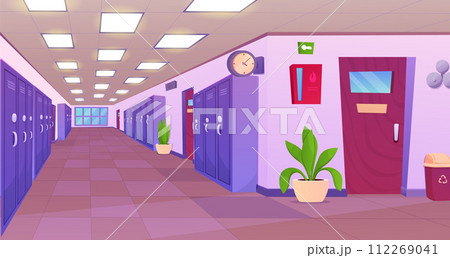 School hallway interior. University corridor interior design with classroom doors, lockers for students, vending machine with snacks. Education concept. 112269041