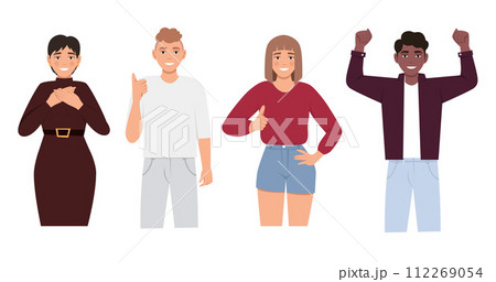 Happiness Emotions, Body Language. Ok sign, clenched fist, thumbs up, victory fingers and hand heart. People with positive gestures 112269054