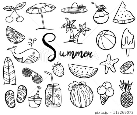 Set of cute summer icons. Summer labels, logos, hand drawn tags and elements for summer. Holiday beach elements. 112269072