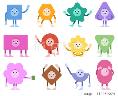 Abstract characters. Geometric comic creature emotions. Funny characters. Modern various figures. Geometry figures with eyes, hands and legs in kids style. 112269074
