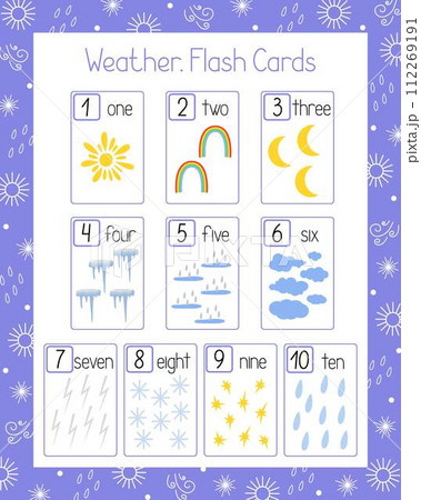 Weather flash cards number learning printable, educational English worksheet for kids, nursery, kindergarten, pre-school, leisure activity game, teacher resources, flat vector illustration Weather flash cards number learning printable, educational English worksheet for kids, nursery, kindergarten, pre-school, leisure activity game, teacher resources, flat vector illustration 112269191