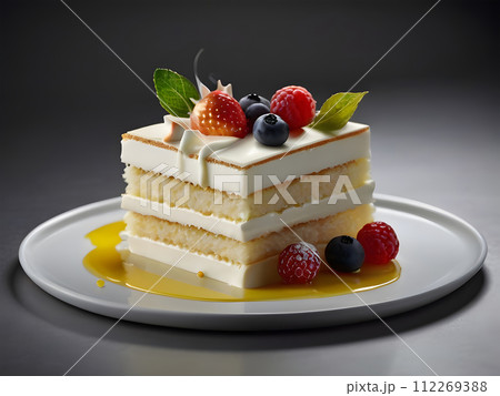 Slice of Layered vanilla cake with whipped cream and fresh berries on top, on a gray table background. Beautifully plated dessert restaurant dish. Slice of Layered vanilla cake with whipped cream and fresh berries on top, on a gray table background. Beautifully plated dessert restaurant dish. 112269388