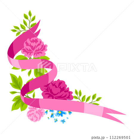 Background with flowers and ribbon. Beautiful decorative natural plants and leaves. Background with flowers and ribbon. Beautiful decorative natural plants and leaves. 112269501