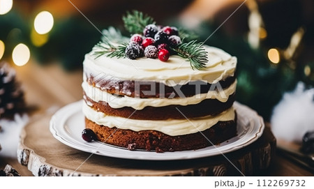Christmas cake, holiday recipe and home baking, pudding with creamy icing for cosy winter holidays tea in the English country cottage, homemade food and cooking 112269732