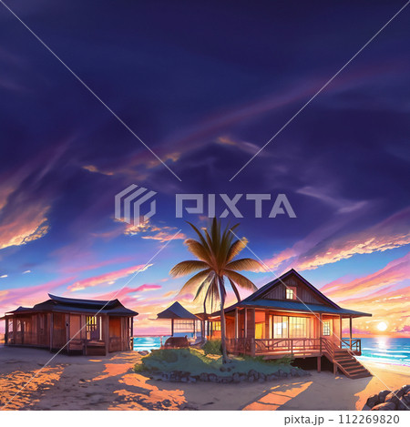 南太平洋の夕暮れの海岸に建つバンガローのイラスト 112269820