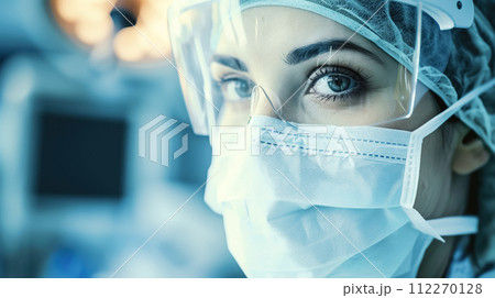 AI-generated content. Focused medical worker nurse, doctor in surgical suit preparing for procedure in operating room, showing dedication and precision. Medical Worker's Day, World Nurse's Day 112270128