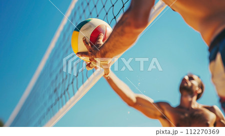 AI-generated content. Volleyball player holding ball, close-up of hands and ball. Beach volleyball, summer vacation, active lifestyle 112270369