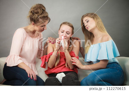 Friends helping woman during fever. Friends helping woman during fever. 112270615