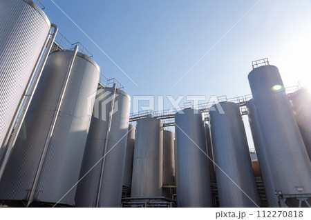 Brewery silos or tanks typically use for storing barley or fermented beer. 112270818