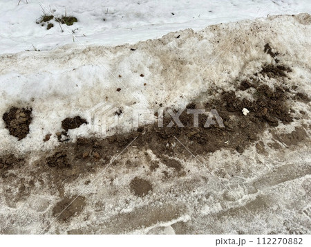 Melting dirty snow on the streets of the city during the daytime in winter. The pedestrian road is snow with sand and mud. Traces of people and pets Melting dirty snow on the streets of the city during the daytime in winter. The pedestrian road is snow with sand and mud. Traces of people and pets 112270882