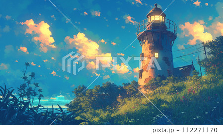 【AI生成画像・AIイラスト】夕焼けに染まる灯台 112271170