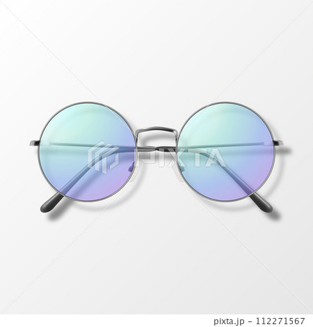 Vector 3d Realistic Purple Round Frame Glasses Isolated. Sunglasses, Lens, Vintage Eyeglasses in Top View. Design Template for Optics and Eyewear Branding Concept 112271567
