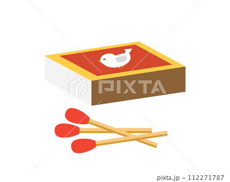 マッチ棒と鳥が描かれたマッチ箱のイラスト 112271787