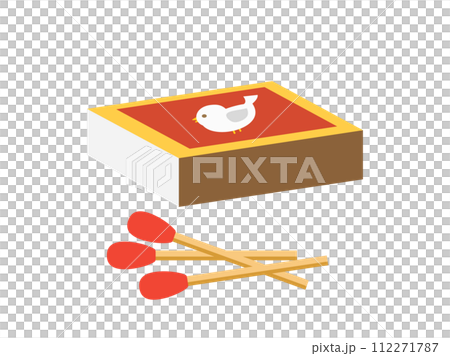 マッチ棒と鳥が描かれたマッチ箱のイラスト 112271787