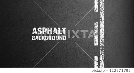 Asphalt road with white cracked lane marking, concrete highway surface, texture. Street traffic line, road dividing strip. Pattern with grainy structure, grunge stone background. Vector illustration Asphalt road with white cracked lane marking, concrete highway surface, texture. Street traffic line, road dividing strip. Pattern with grainy structure, grunge stone background. Vector illustration 112271793
