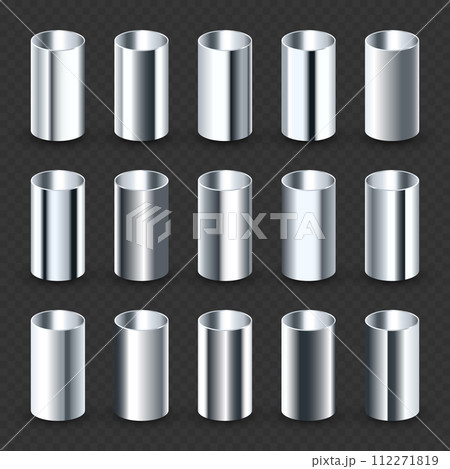 Steel pipes collection. Construction material, pipeline. Industry and engineering. Polished metal texture with silver gradient. Vector illustration Steel pipes collection. Construction material, pipeline. Industry and engineering. Polished metal texture with silver gradient. Vector illustration 112271819