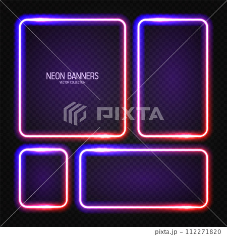 Glowing neon banners, illuminated colorful square frames. Shiny vibrant border, glow effect. Violet vintage retro lights, night illumination. Modern futuristic UI design elements. Vector illustration 112271820