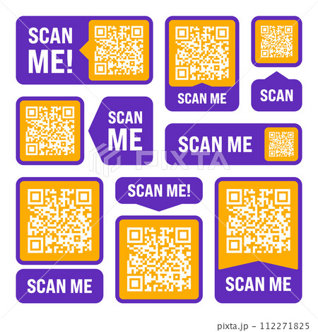 Scan me QR code sticker. Online payment. Special offer sale stickers, shopping discount label or promotional badge. Serial number, product ID. Supermarket retail label, price tag. Vector illustration Scan me QR code sticker. Online payment. Special offer sale stickers, shopping discount label or promotional badge. Serial number, product ID. Supermarket retail label, price tag. Vector illustration 112271825