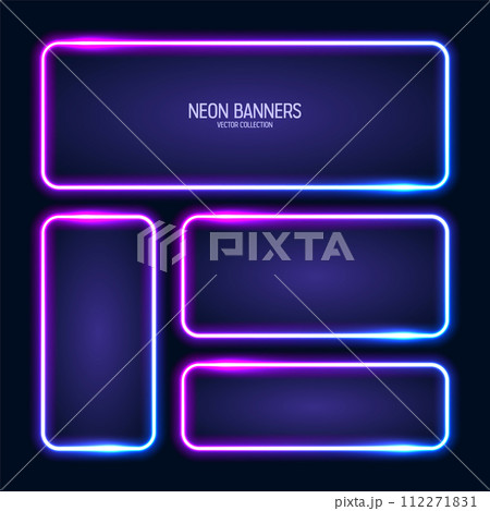 Glowing neon banners, illuminated colorful square frames. Shiny vibrant border, glow effect. Blue vintage retro lights, night illumination. Modern futuristic UI design elements. Vector illustration Glowing neon banners, illuminated colorful square frames. Shiny vibrant border, glow effect. Blue vintage retro lights, night illumination. Modern futuristic UI design elements. Vector illustration 112271831
