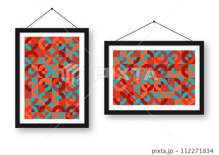 Picture frame with geometric trendy pattern. Modern background, simple elements. Retro texture, basic geometric shapes. Print design, minimalist poster cover. Vector illustration 112271834