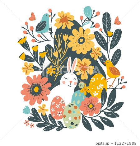 Springtime vector illustration of flowers, Easter rabbits with birds and plants, minimalist styled florals, spring seasonal background 112271988