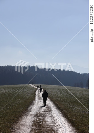 A group of people are walking down a path in a forest 112272230