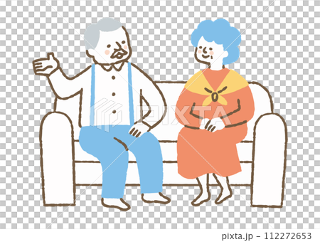 老年男女坐在家裡的沙發上說話_color 112272653