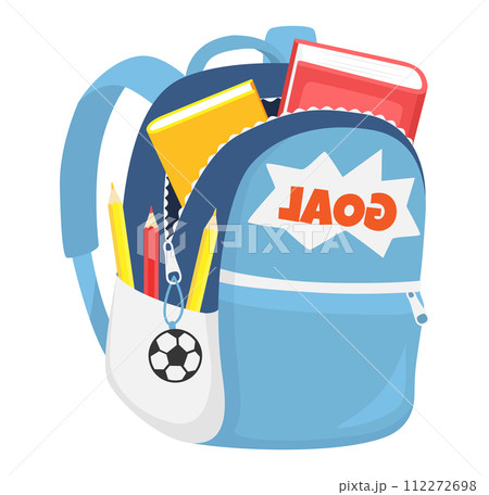 Blue school backpack books, pencils, soccer ball keychain. Education essentials students back school vector illustration Blue school backpack books, pencils, soccer ball keychain. Education essentials students back school vector illustration 112272698