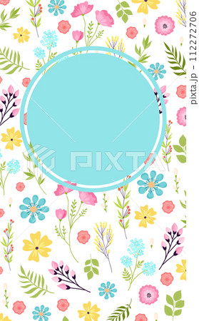 Floral invitation card template design, spring flowers leaves central blue copy space. Bright springtime greeting card design, floral pattern frame isolated white background. Pastel colored 112272706