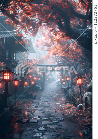 AI-generated content. A serene path cuts through a forest, lined with lanterns and trees, under the glow of a full moon. The atmospheric phenomenon creates a mystical atmosphere in the landscape AI-generated content. A serene path cuts through a forest, lined with lanterns and trees, under the glow of a full moon. The atmospheric phenomenon creates a mystical atmosphere in the landscape 112272761