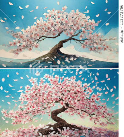 Cherry blossoms in full bloom with fluttering petals, paper-cut style (2 images) | Edit adobe AI-generated image that clears copyright issues 112272766