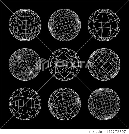 Wireframe shapes, lined sphere. Perspective mesh, 3d grid. Low poly geometric elements. Retro futuristic design elements, y2k, vaporwave and synthwave style. Vector illustration Wireframe shapes, lined sphere. Perspective mesh, 3d grid. Low poly geometric elements. Retro futuristic design elements, y2k, vaporwave and synthwave style. Vector illustration 112272897