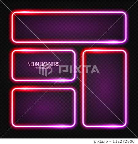 Glowing neon banners, illuminated colorful square frames. Shiny vibrant border, glow effect. Red vintage retro lights, night illumination. Modern futuristic UI design elements. Vector illustration 112272906