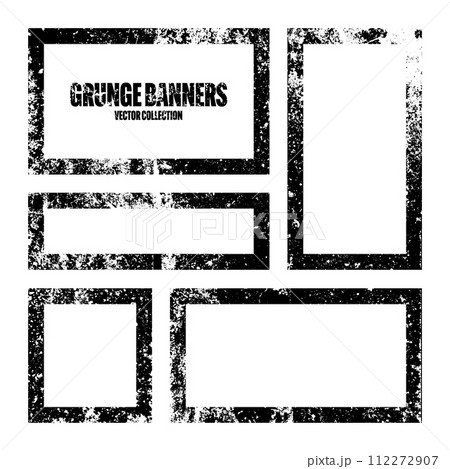 Grunge square frames, banners with stains and scratches. Brush stroke, rectangular shape design element. Distressed dirty text frame, border. Paintbrush, ink stains. Vector illustration Grunge square frames, banners with stains and scratches. Brush stroke, rectangular shape design element. Distressed dirty text frame, border. Paintbrush, ink stains. Vector illustration 112272907