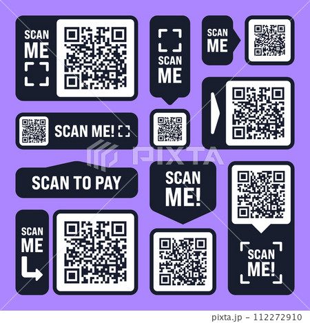 Scan me QR code sticker. Online payment. Special offer sale stickers, shopping discount label or promotional badge. Serial number, product ID. Supermarket retail label, price tag. Vector illustration Scan me QR code sticker. Online payment. Special offer sale stickers, shopping discount label or promotional badge. Serial number, product ID. Supermarket retail label, price tag. Vector illustration 112272910