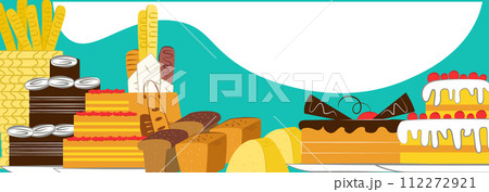 Assorted bakery items presented, vivid colors, bread loaves sweets cakes vibrant illustration. Assortment bakery goods, various types bread, cake slices, pastries, festive table. Cartoon products 112272921