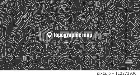 Topographic map with contour lines. Geographic terrain grid, relief height elevation. Ground path pattern. Travel and navigation, cartography design element. Vector illustration 112272930