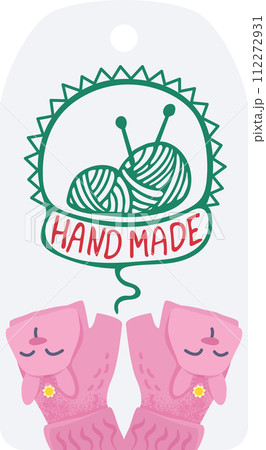 Knitting yarn balls needles labeled ribbon, cute pink gloves. Crafting, DIY projects creative hobbies vector illustration 112272931