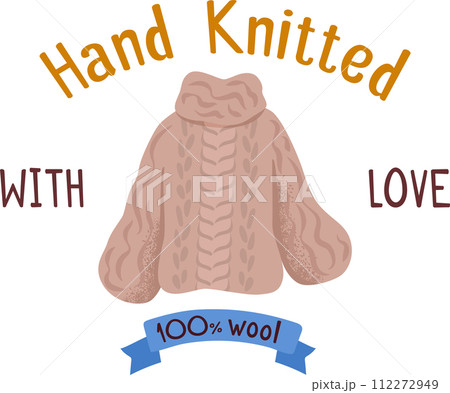 Hand knitted beige sweater text Hand Knitted LOVE, blue ribbon stating 100 wool. Crafting yarn artwork vector illustration 112272949