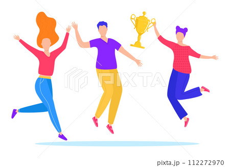 Two women man celebrating victory happiness, person holding trophy aloft, cheerful energetic mood. Team success group achievement vector illustration 112272970