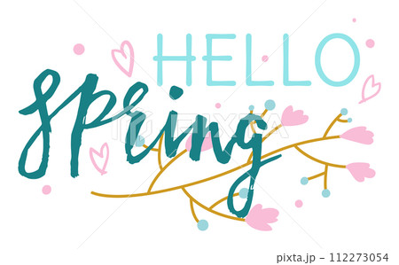 Handwritten style Hello Spring hearts flowers. Celebratory seasonal greeting card design. Springtime festive vector illustration 112273054