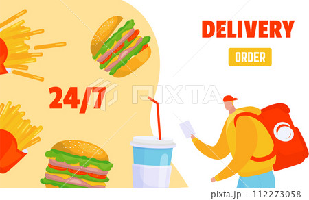 Delivery person red cap yellow jacket holding receipt near fast food items. Food delivery service concept courier, burger, fries, soda. Fast, convenient meal ordering vector illustration Delivery person red cap yellow jacket holding receipt near fast food items. Food delivery service concept courier, burger, fries, soda. Fast, convenient meal ordering vector illustration 112273058