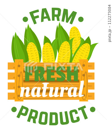 Fresh corn cobs wooden crate farm natural product label. Organic food emblem maize leaves vector illustration Fresh corn cobs wooden crate farm natural product label. Organic food emblem maize leaves vector illustration 112273084