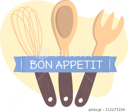Kitchen utensils illustration whisk, spoon, spatula, Bon Appetit text. Cooking tools culinary concept vector illustration 112273104