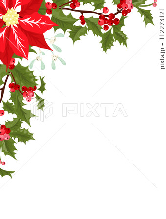Christmas holly poinsettia corners border decoration. Festive plant elements holiday design. Seasonal frame berries leaves vector illustration 112273121